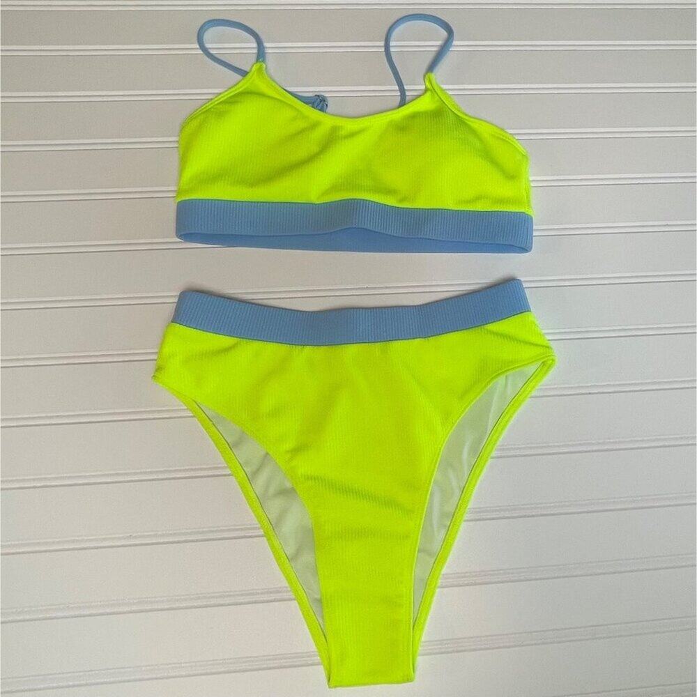 Women Neon Green Ribbed Bikini Set Small High Waist 2 Piece Swimsuit S NWT